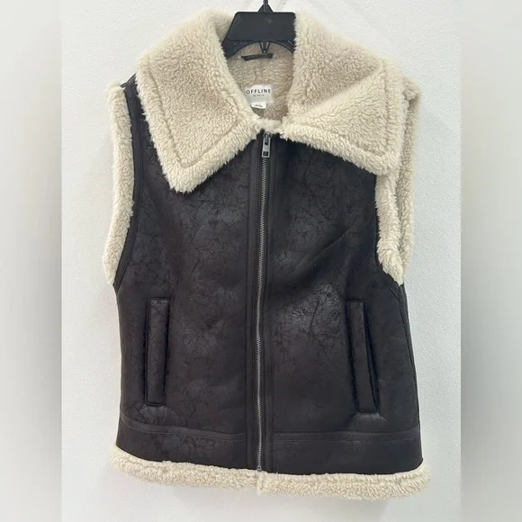 NWOT OFFLINE by Aerie Women’s Faux Leather Brown Sherpa Zip Vest Size S - Picture 1 of 3